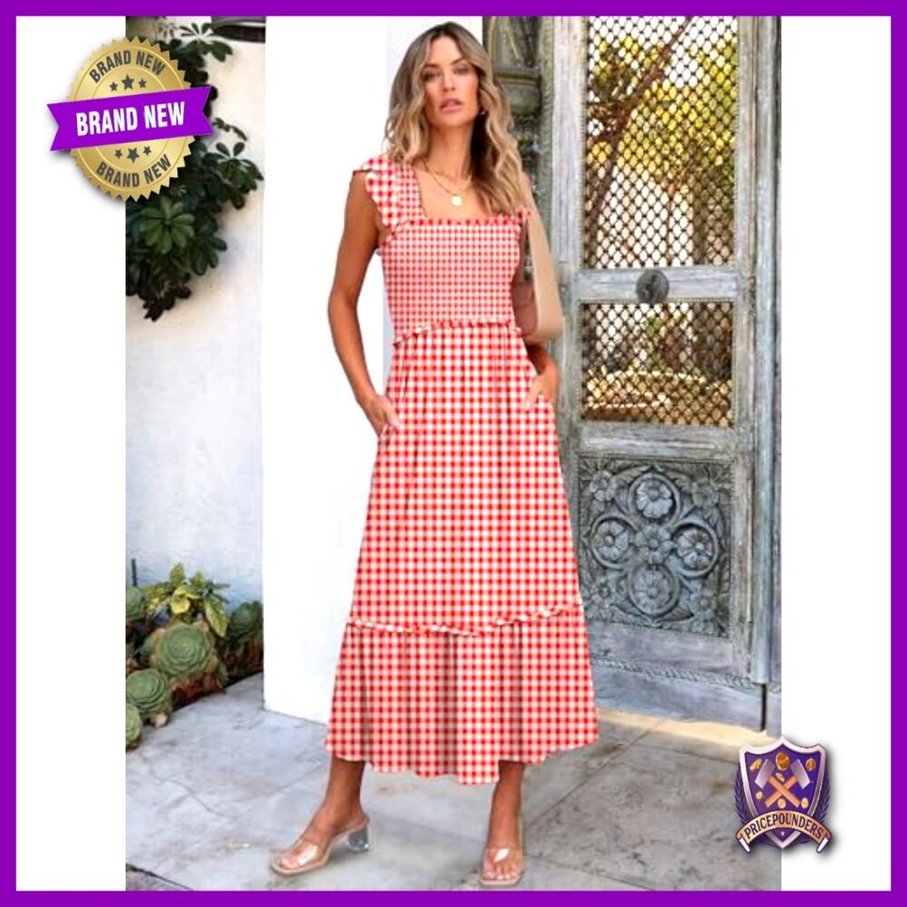 Sleeveless Maxi Dress Square Neck Smocked Boho Casual Ruffle Strap Flowy A-Line - Picture 3 of 6